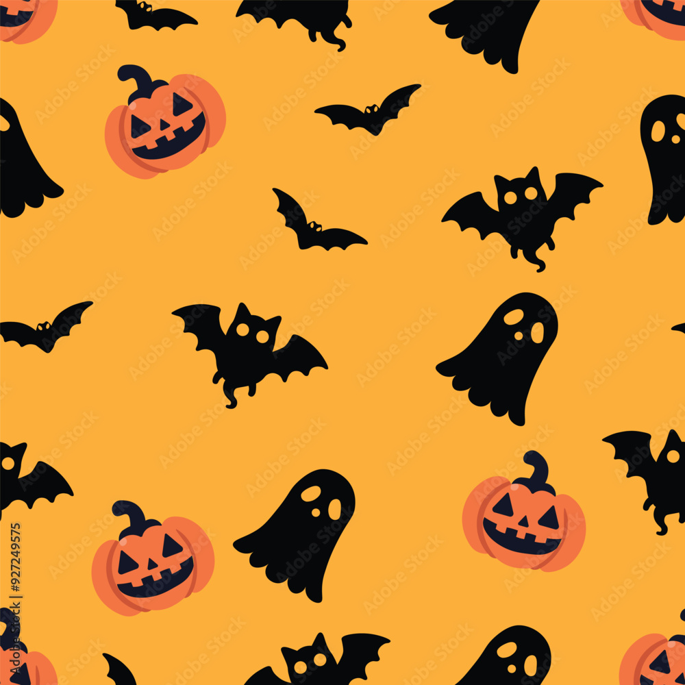 Halloween Themed Seamless Pattern with Pumpkins, Bats, and Ghosts