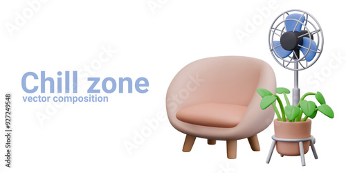 Concept of chill zone in 3D cartoon style. Furniture, house plants and electrical appliances