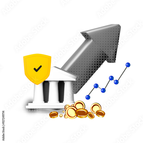 Financial investment and deposit halftone design with bank building, up arrow, graph and money. Bank deposit, profit finance Manage money, applications. Investment Cryptocurrency trend trading