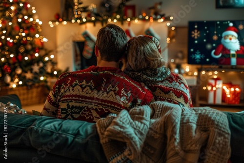 Couple Cozying in Christmas Sweaters Watching Holiday Movie by Decorated Tree, Festive Living Room