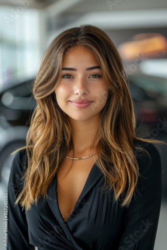 Free Download A young woman smiles at the camera, her long brown hair cascading around her shoulders. She is wearing a black blouse with a low neckline - GFXLoad