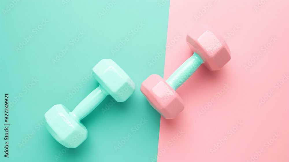 Pink and green dumbbells on a pastel background