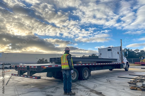 A construction worker in a yellow vest and hard hat stands next to a flatbed semi-truck with a cloudy sky in the background.