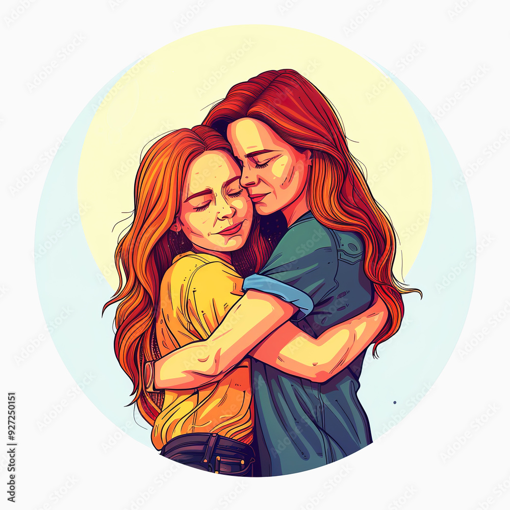 Two Red-Haired Women Embracing with Eyes Closed Two Red-Haired Women Embracing with Eyes Closed