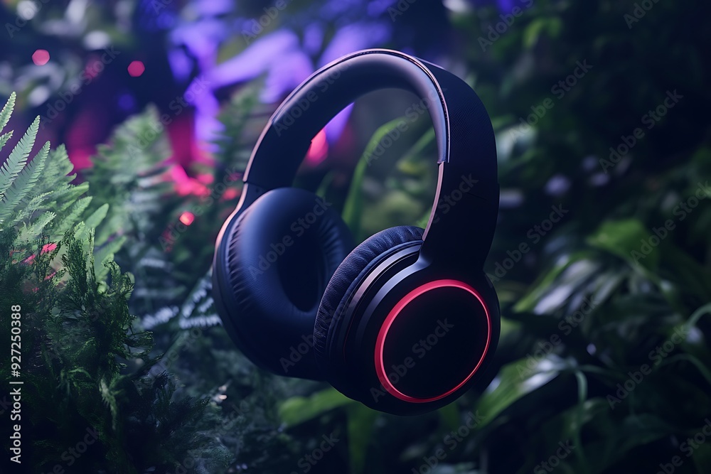 Naklejka premium Black wireless bluetooth headphones on neon light background. Music concept.