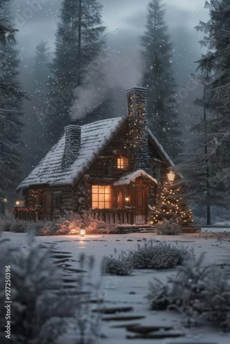 Cozy Christmas Cabin in the Snowy Woods with Lit Interior and Smoke from Chimney photo