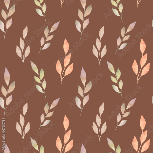 Autumn seamless pattern of many leaves on brown background. Botanical watercolor illustration. Hand drawn isolated art. Pastel wallpaper for seasonal holidays, festivals. Halloween, Thanksgiving