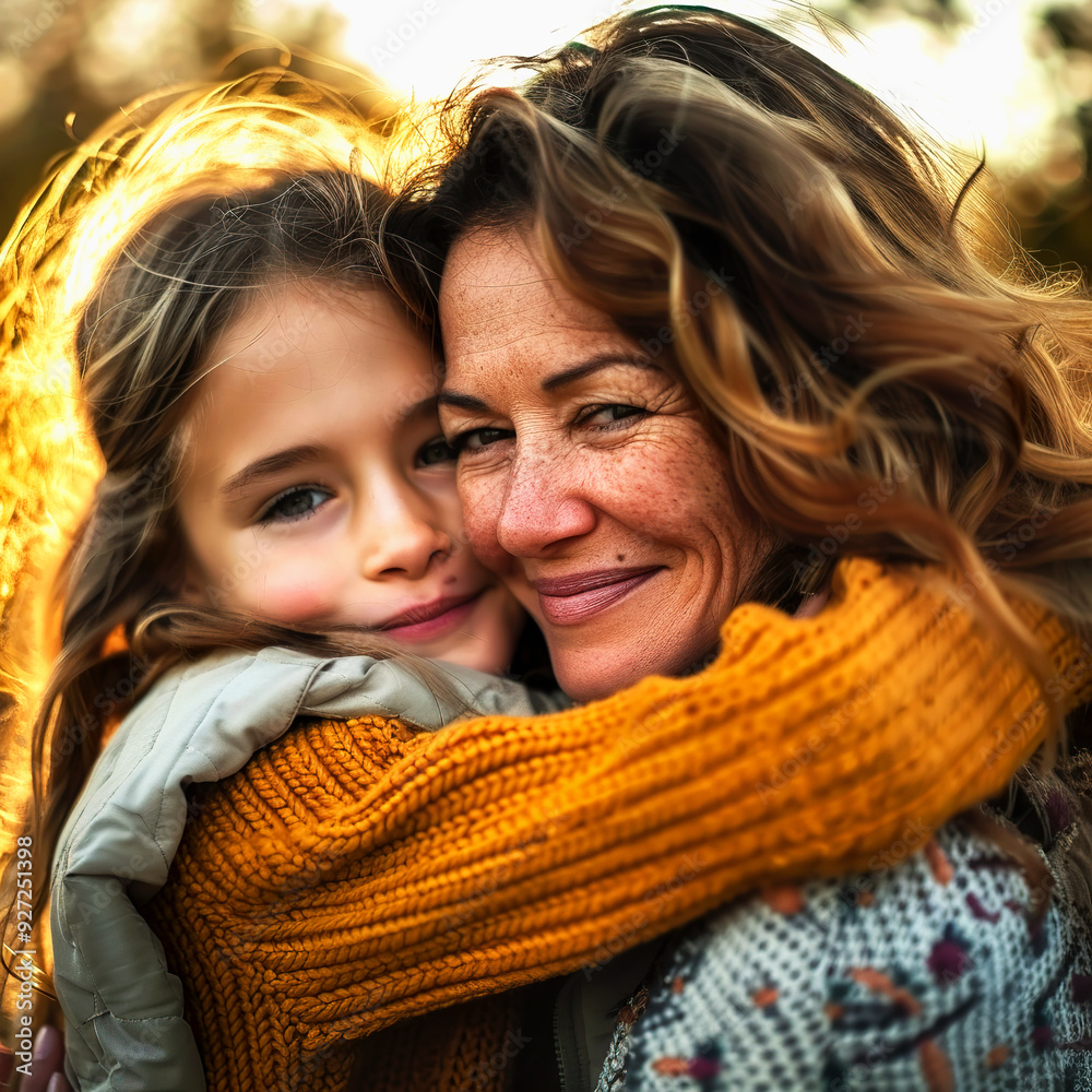 A mother and daughter embrace with a loving gaze. A mother and daughter embrace with a loving gaze.