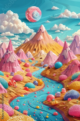 A whimsical landscape with candy-colored mountains, a blue river, and colorful candies scattered throughout