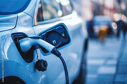 Electric Vehicle Charging at a Futuristic Station: High-Definition Close-Up of Modern Technology and Power Infrastructure in a Blue-Toned Setting