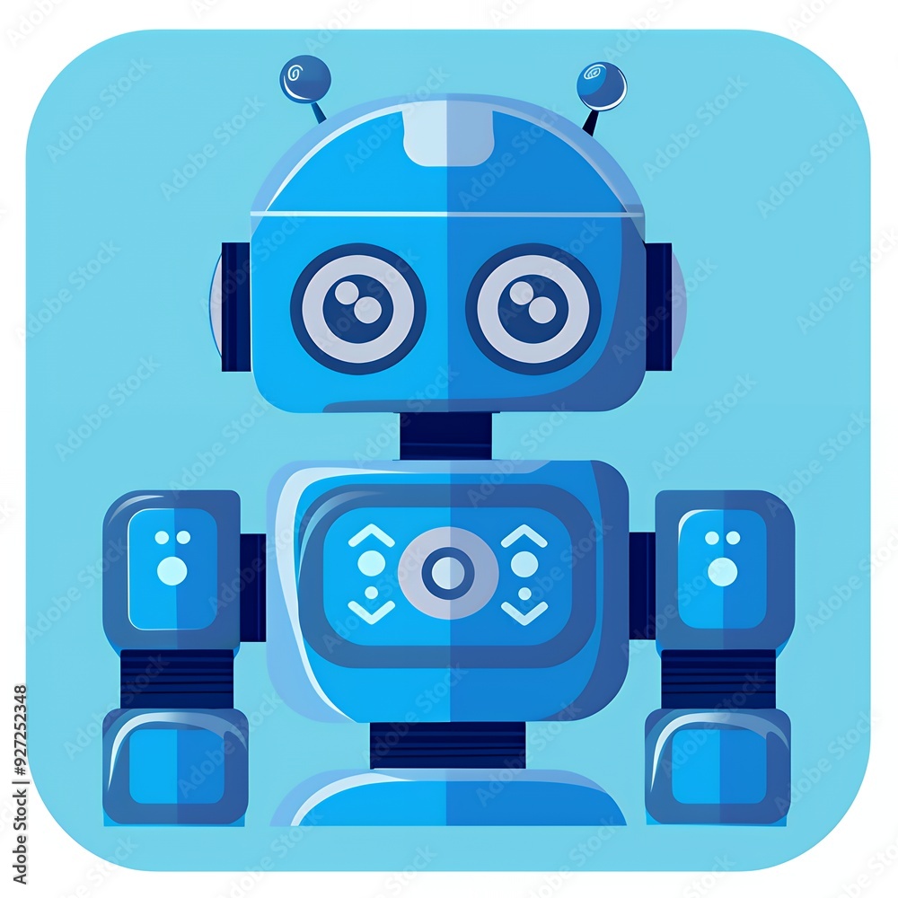Cute blue robot with large eyes and antennas on a light blue background. Cute blue robot with large eyes and antennas on a light blue background.