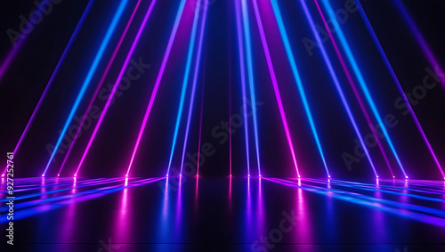 3d render, abstract minimal neon background, pink blue neon lines going up, glowing in ultraviolet spectrum Cyber space. Laser show Futuristic wallpaper