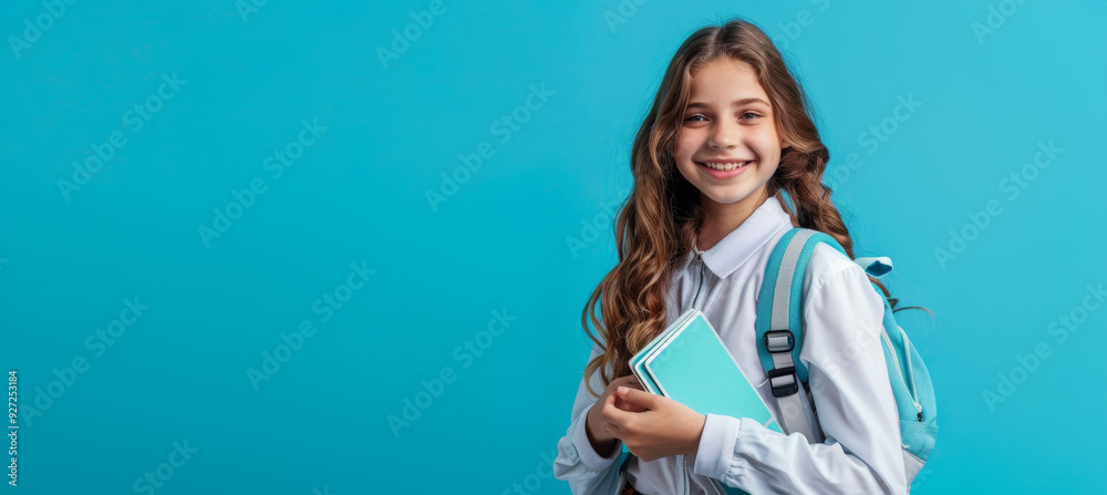 Smiling Schoolgirl with Digital Learning Device and Flashcards on Bright Cyan Background for Education Concept Smiling Schoolgirl with Digital Learning Device and Flashcards on Bright Cyan Background for Education Concept