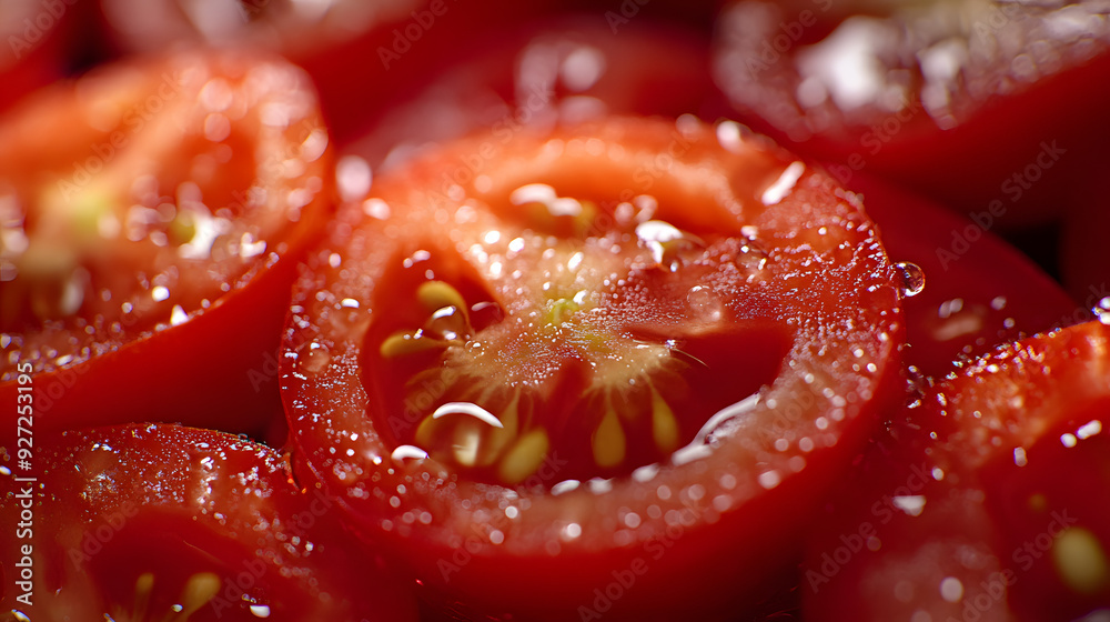 Bunch of fresh Tomato slices with water drops, vegetable background, healthy food Bunch of fresh Tomato slices with water drops, vegetable background, healthy food