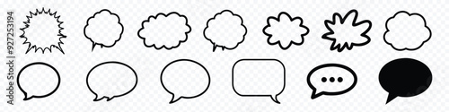 Speech bubble, speech balloon, chat bubble line art vector icon, black paper in the shape of soap bubbles set against a white background, set of simple hand-drawn speech bubbles