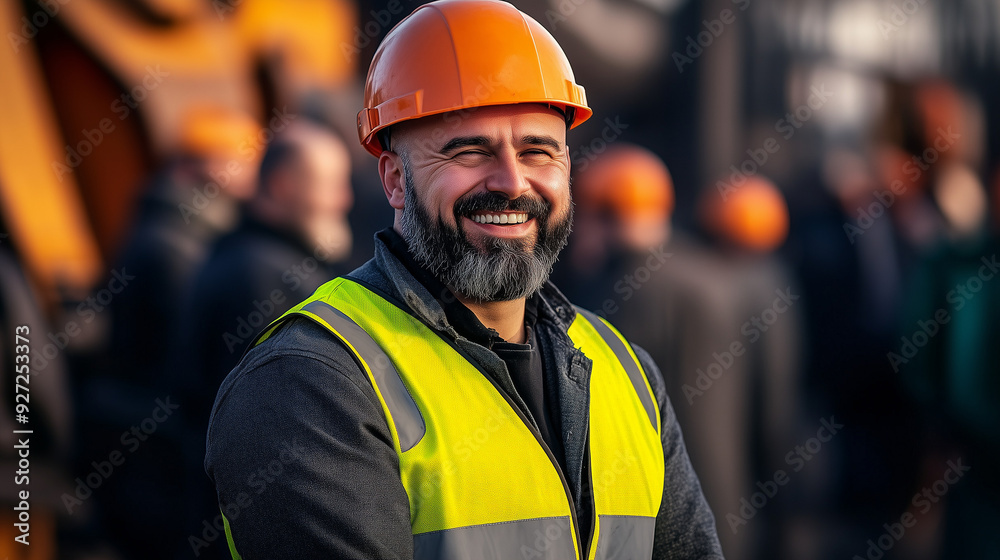 Portrait of a Smiling Middle-Aged Worker in Hard Hat and Reflective Vest Standing at a Steel Mill with a Blurred Crowd of Workers in the Background, High-Contrast Color Grading Highlighting Facial Tex Portrait of a Smiling Middle-Aged Worker in Hard Hat and Reflective Vest Standing at a Steel Mill with a Blurred Crowd of Workers in the Background, High-Contrast Color Grading Highlighting Facial Tex