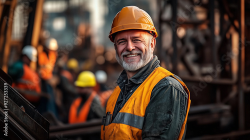 Portrait of a Smiling Middle-Aged Worker in Hard Hat and Reflective Vest Standing at a Steel Mill with a Blurred Crowd of Workers in the Background, High-Contrast Color Grading Highlighting Facial Tex