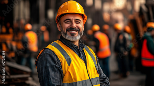 Portrait of a Smiling Middle-Aged Worker in Hard Hat and Reflective Vest Standing at a Steel Mill with a Blurred Crowd of Workers in the Background, High-Contrast Color Grading Highlighting Facial Tex