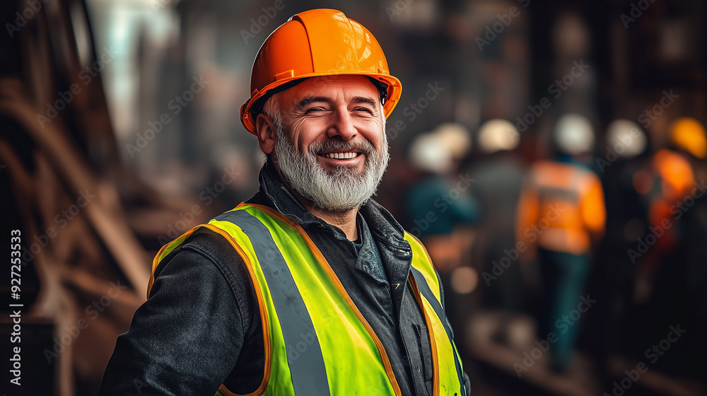 Portrait of a Smiling Middle-Aged Worker in Hard Hat and Reflective Vest Standing at a Steel Mill with a Blurred Crowd of Workers in the Background, High-Contrast Color Grading Highlighting Facial Tex Portrait of a Smiling Middle-Aged Worker in Hard Hat and Reflective Vest Standing at a Steel Mill with a Blurred Crowd of Workers in the Background, High-Contrast Color Grading Highlighting Facial Tex