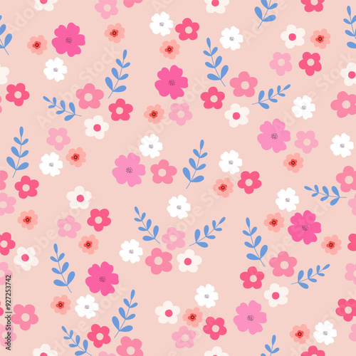 Seamless pattern with pink and white flower blossom garden. Cute hand drawn floral pattern for your fabric, summer background, wallpaper, backdrop, textile.