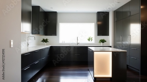 Modern Elegance Sleek Black Kitchen Design with Illuminated Island