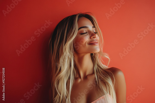 A close up of a woman's face with her eyes closed and long blond hair