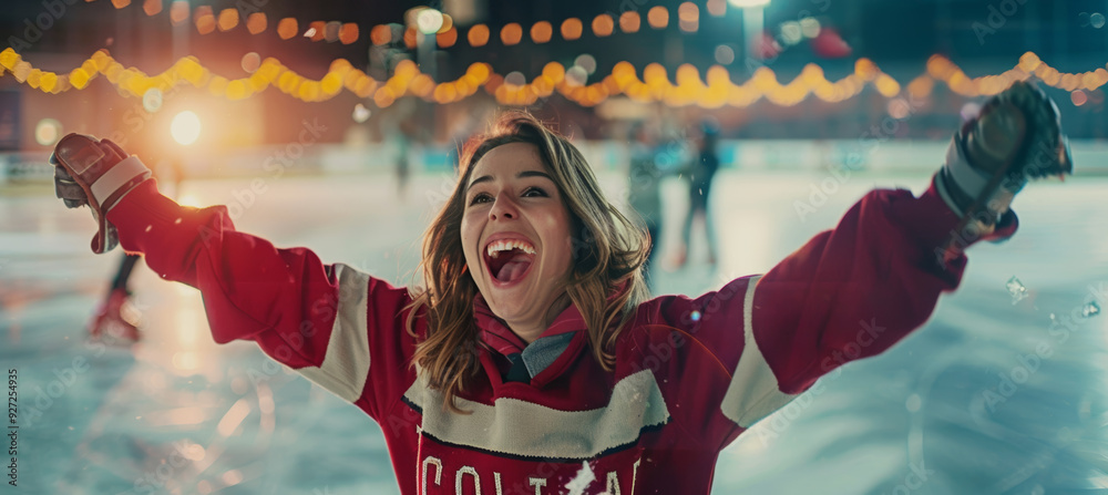 Fototapeta premium Joyful High School Graduate Celebrating College Acceptance at Festive Ice Skating Rink with Friends