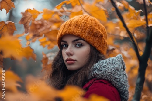 Beautiful young woman posing in autumn park wearing knitted beanie