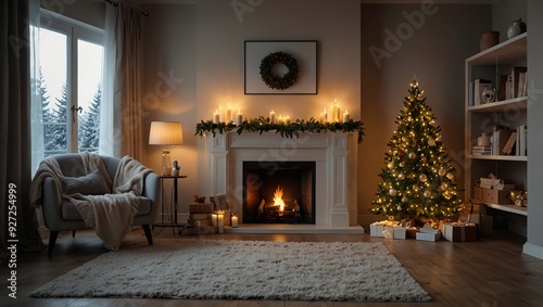  Interior of light living room with fireplace, Christmas tree and advent