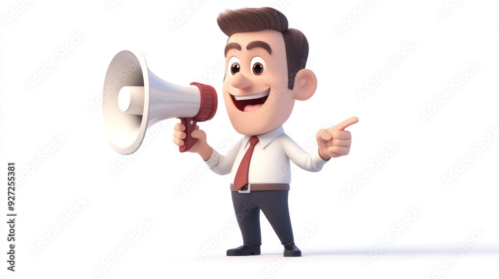 A 3D cartoon businessman with a red tie is holding a megaphone and pointing to the right. A 3D cartoon businessman with a red tie is holding a megaphone and pointing to the right.