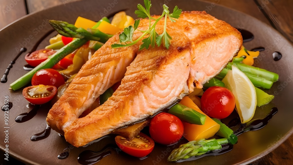 A golden-brown fried salmon steak served on a wooden table with perfectly cooked vegetables such as asparagus, cherry tomatoes, and bell peppers. A golden-brown fried salmon steak served on a wooden table with perfectly cooked vegetables such as asparagus, cherry tomatoes, and bell peppers.
