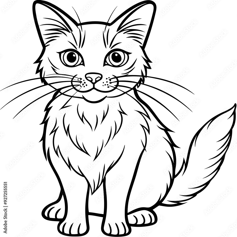 Detailed line drawing of a sitting cat with fluffy tail - elegant black-and-white illustration for pet brands, vet clinics & animal lovers Detailed line drawing of a sitting cat with fluffy tail - elegant black-and-white illustration for pet brands, vet clinics & animal lovers