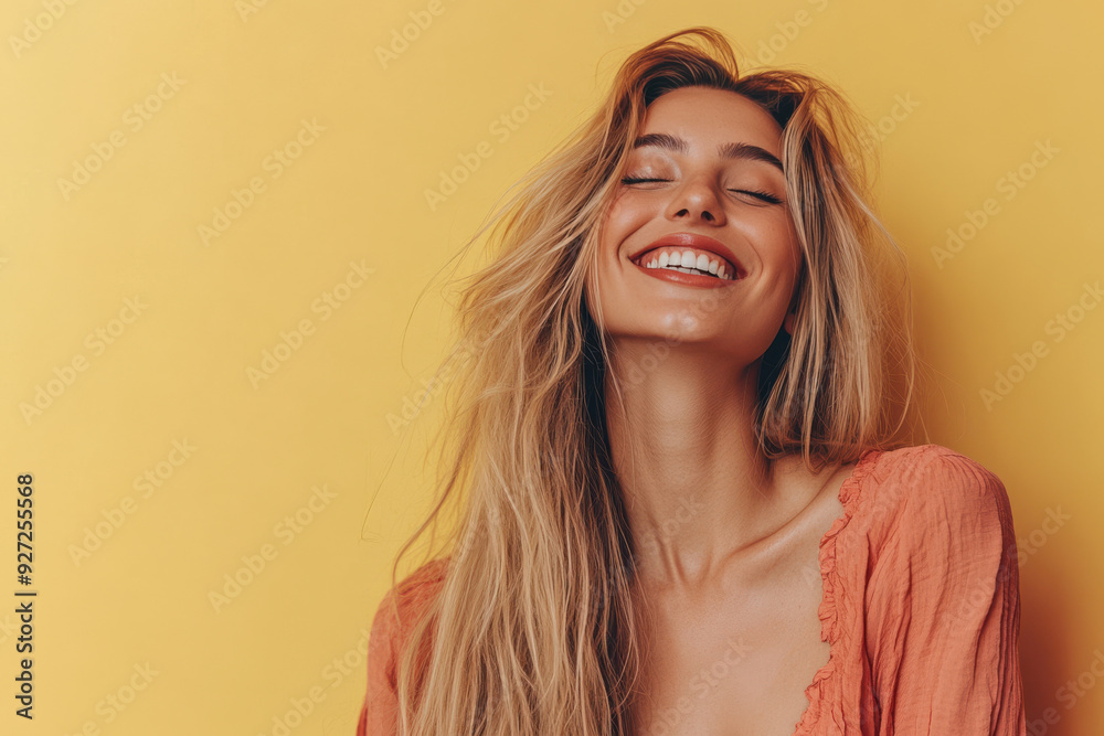 A close up of a woman's face with her eyes closed and long blond hair A close up of a woman's face with her eyes closed and long blond hair