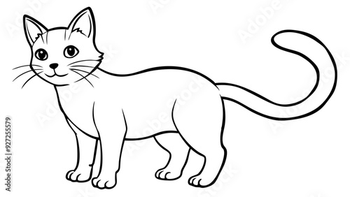 a simple black and white line drawing of a cat. The cat is standing on all four legs, facing to the left. It has a long, curved tail, pointed ears, and whiskers