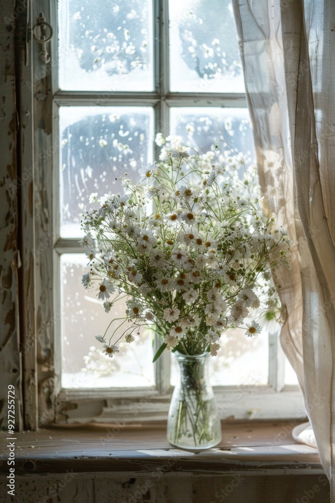 Window With Flowers. Wooden Window Sill Decoration with Bouquet of Wild Flowers from the Dunes Window With Flowers. Wooden Window Sill Decoration with Bouquet of Wild Flowers from the Dunes