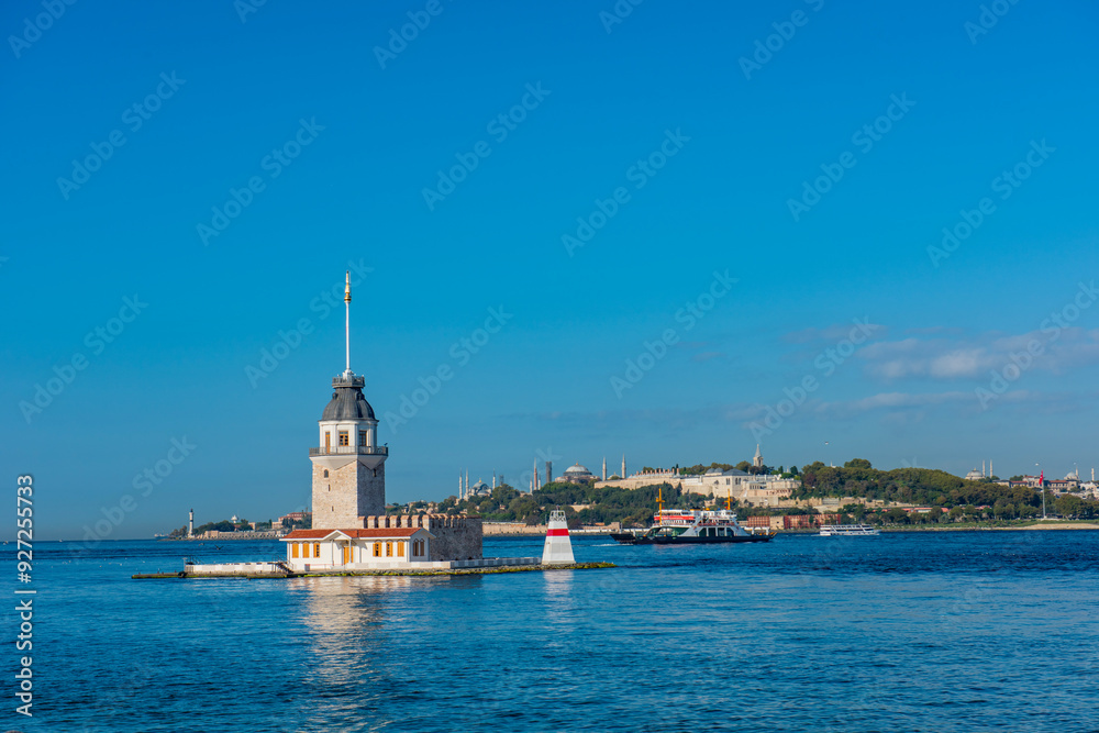 Maiden's Tower with beautiful sunrise sky in Istanbul, Turkey. (Turkish Name: KIZ KULESI). Colorful sunrise sky in Istanbul. Maiden's Tower with beautiful sunrise sky in Istanbul, Turkey. (Turkish Name: KIZ KULESI). Colorful sunrise sky in Istanbul.