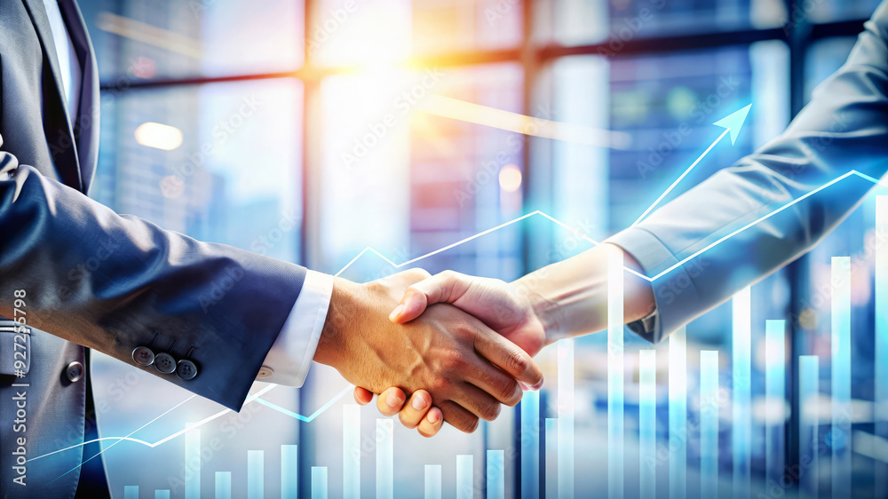 Business Partnership Handshake with Upward Growth Chart.