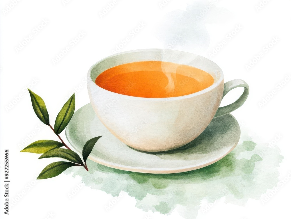 A steaming cup of tea on a saucer, accompanied by fresh tea leaves, creating a soothing and inviting atmosphere. A steaming cup of tea on a saucer, accompanied by fresh tea leaves, creating a soothing and inviting atmosphere.