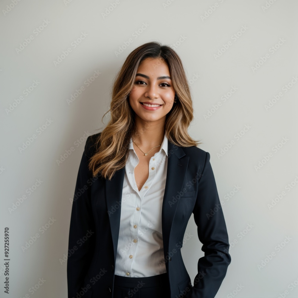 Stylish confidence woman in a sharp suit smiles against simple setting Stylish confidence woman in a sharp suit smiles against simple setting