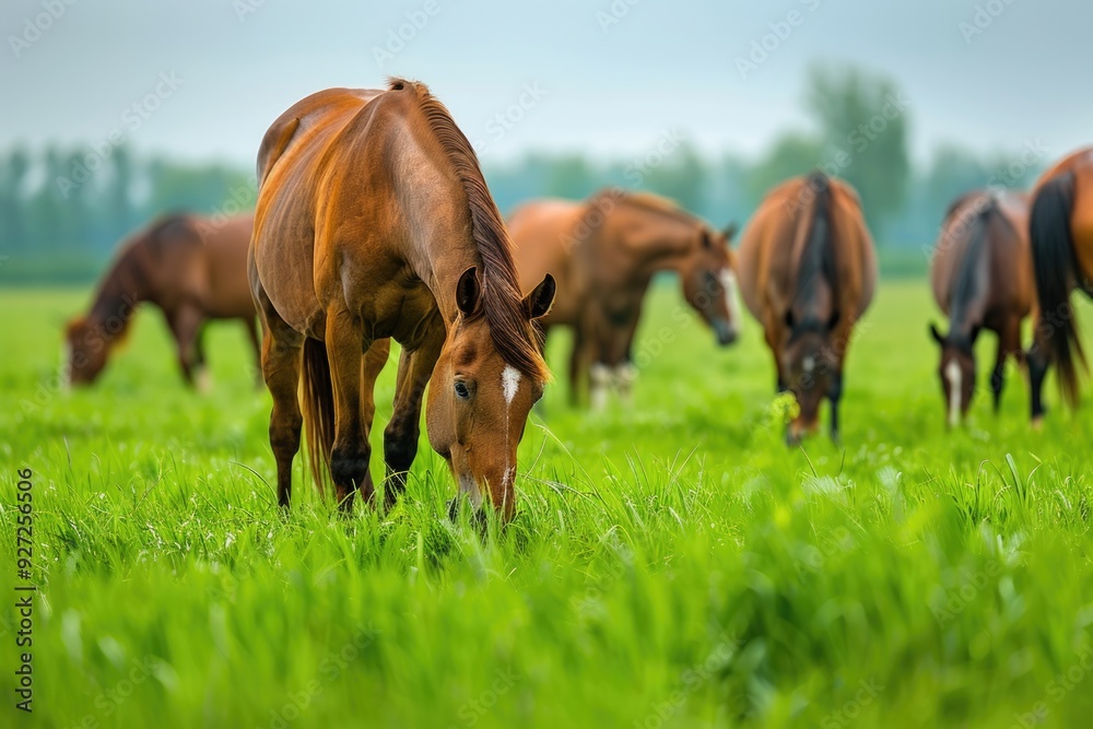 Horses Field. Red Thoroughbred Horse Grazing in Pasture on Animal Farm Horses Field. Red Thoroughbred Horse Grazing in Pasture on Animal Farm
