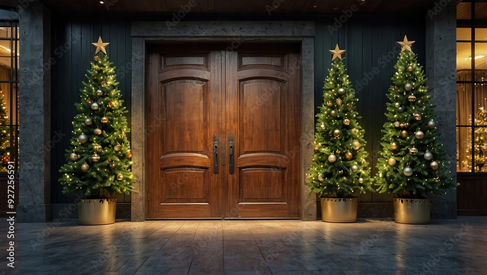 Fototapeta premium massive wooden door of the building and Christmas trees are deco