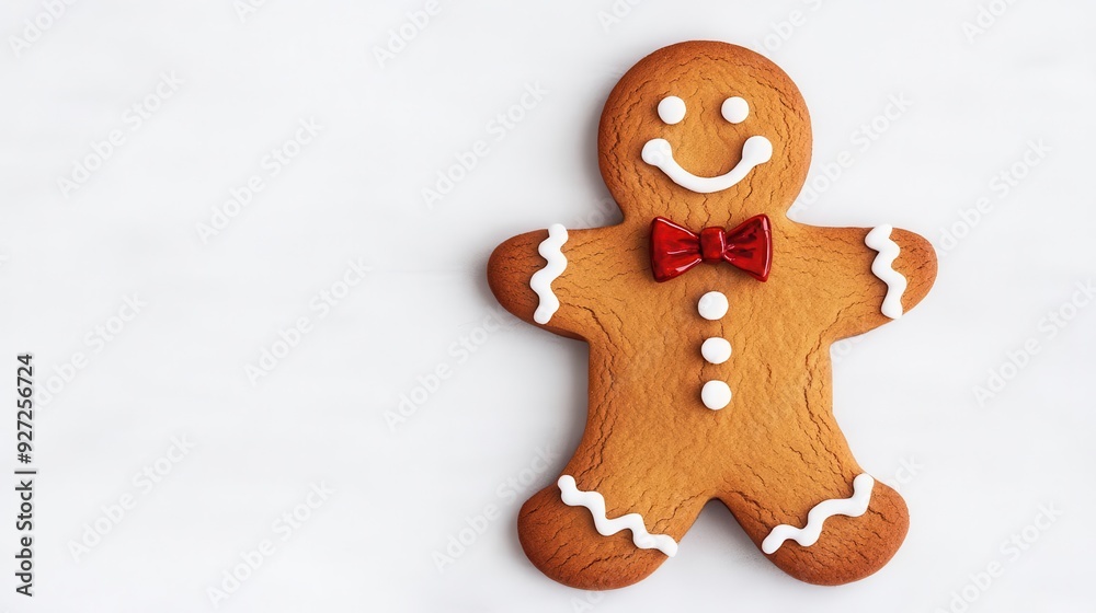 A cheerful gingerbread man cookie adorned with icing and a red bow tie, perfect for holiday treats and festive celebrations. A cheerful gingerbread man cookie adorned with icing and a red bow tie, perfect for holiday treats and festive celebrations.