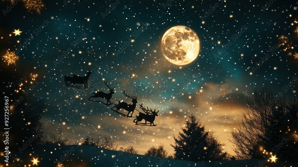 A magical Christmas night sky filled with sparkling stars and a full moon, with a silhouette of Santa’s sleigh and reindeer flying overhead. A magical Christmas night sky filled with sparkling stars and a full moon, with a silhouette of Santa’s sleigh and reindeer flying overhead.