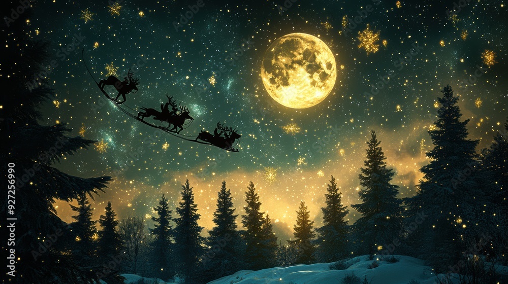 Naklejka premium A magical Christmas night sky filled with sparkling stars and a full moon, with a silhouette of Santa’s sleigh and reindeer flying overhead.