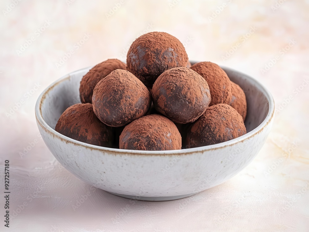 Delicious chocolate truffles dusted with cocoa powder, elegantly arranged in a white bowl, perfect for dessert lovers. Delicious chocolate truffles dusted with cocoa powder, elegantly arranged in a white bowl, perfect for dessert lovers.