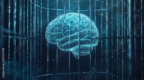 Polygonal brain wireframe with glowing dots in datavisualization style on dark background photo