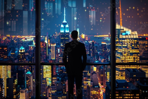 A businessperson admires the dazzling skyline of New York City at night