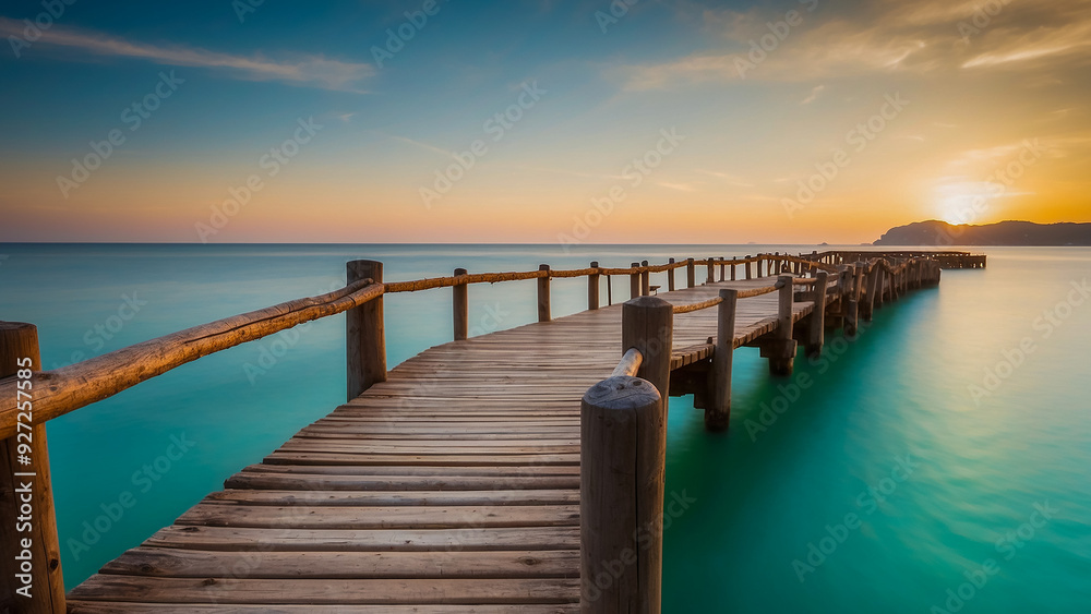Naklejka premium A wooden bridge extending into the sea, a sunset viewing point.