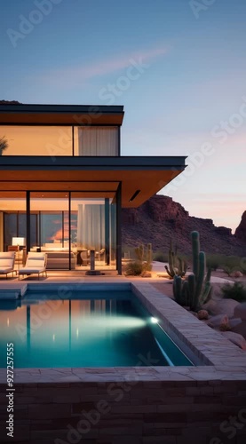 A large house with a pool and a desert in the background. The house is lit up at night, giving it a warm and inviting atmosphere