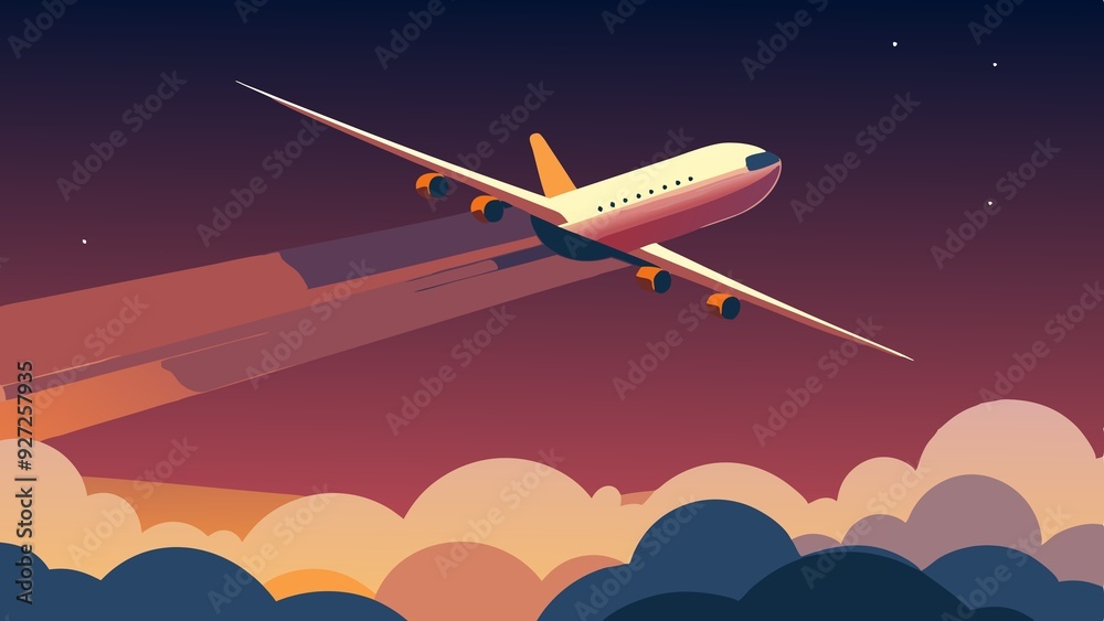 Fototapeta premium airplane flying in the sky. an airplane flying in the sunset sky, leaving its long air trail behind